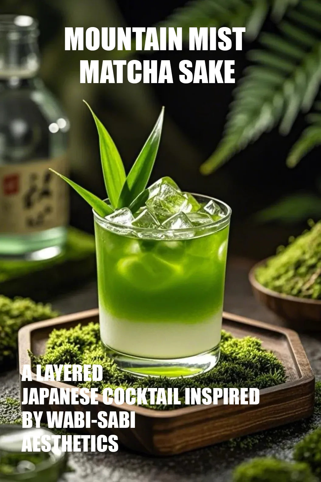 Vibrant green layered Mountain Mist matcha sake cocktail with ice cubes and leaf garnish, set on moss. Bold text: 'MOUNTAIN MIST MATCHA SAKE – A LAYERED JAPANESE COCKTAIL INSPIRED BY WABI-SABI AESTHETICS' – Unique recipe for an elegant, artful drink.