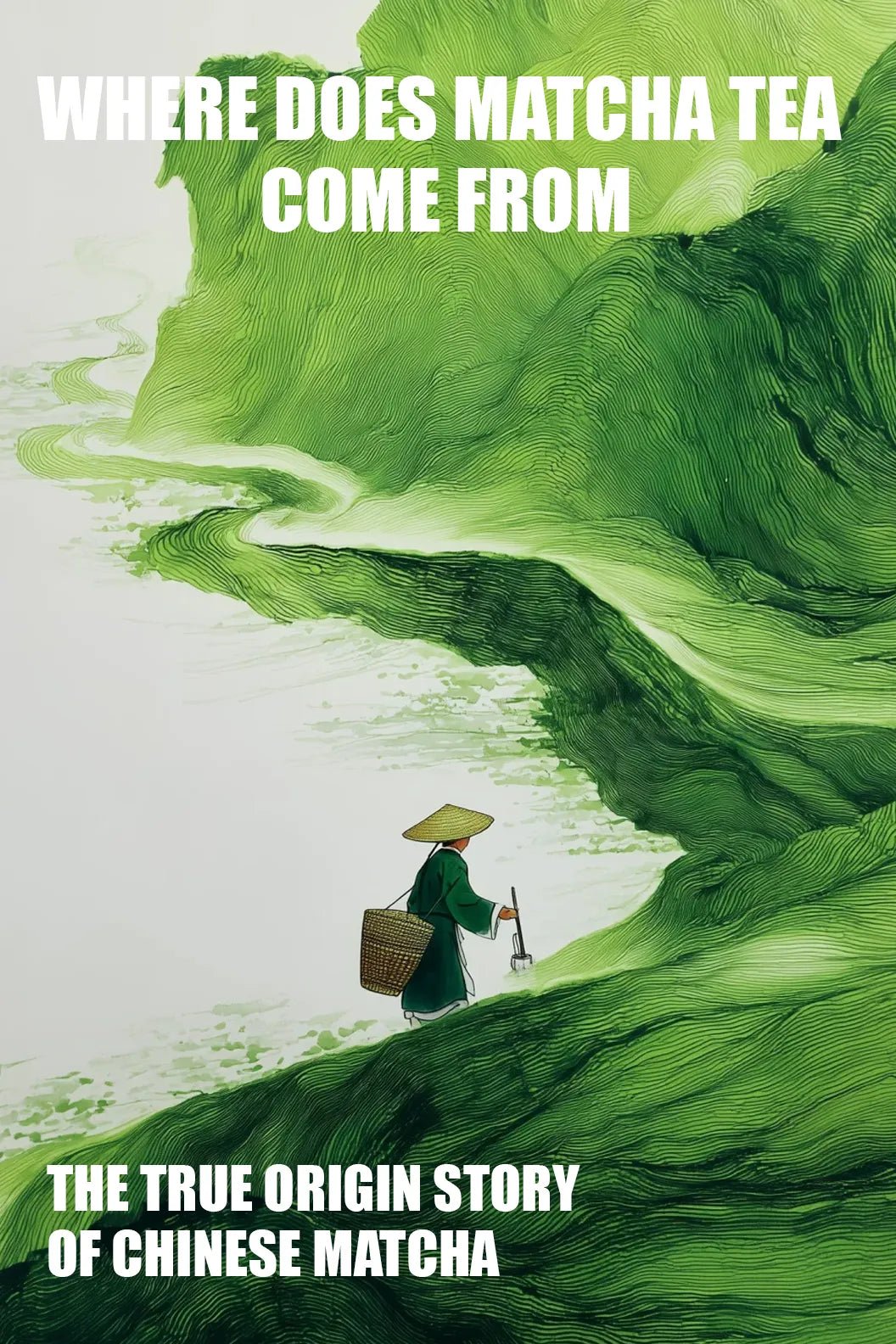 Traditional Chinese ink-style landscape painting featuring a tea picker, paired with bold text asking 'Where Does Matcha Tea Come From?' — illustrating the historical origin story of Chinese matcha.