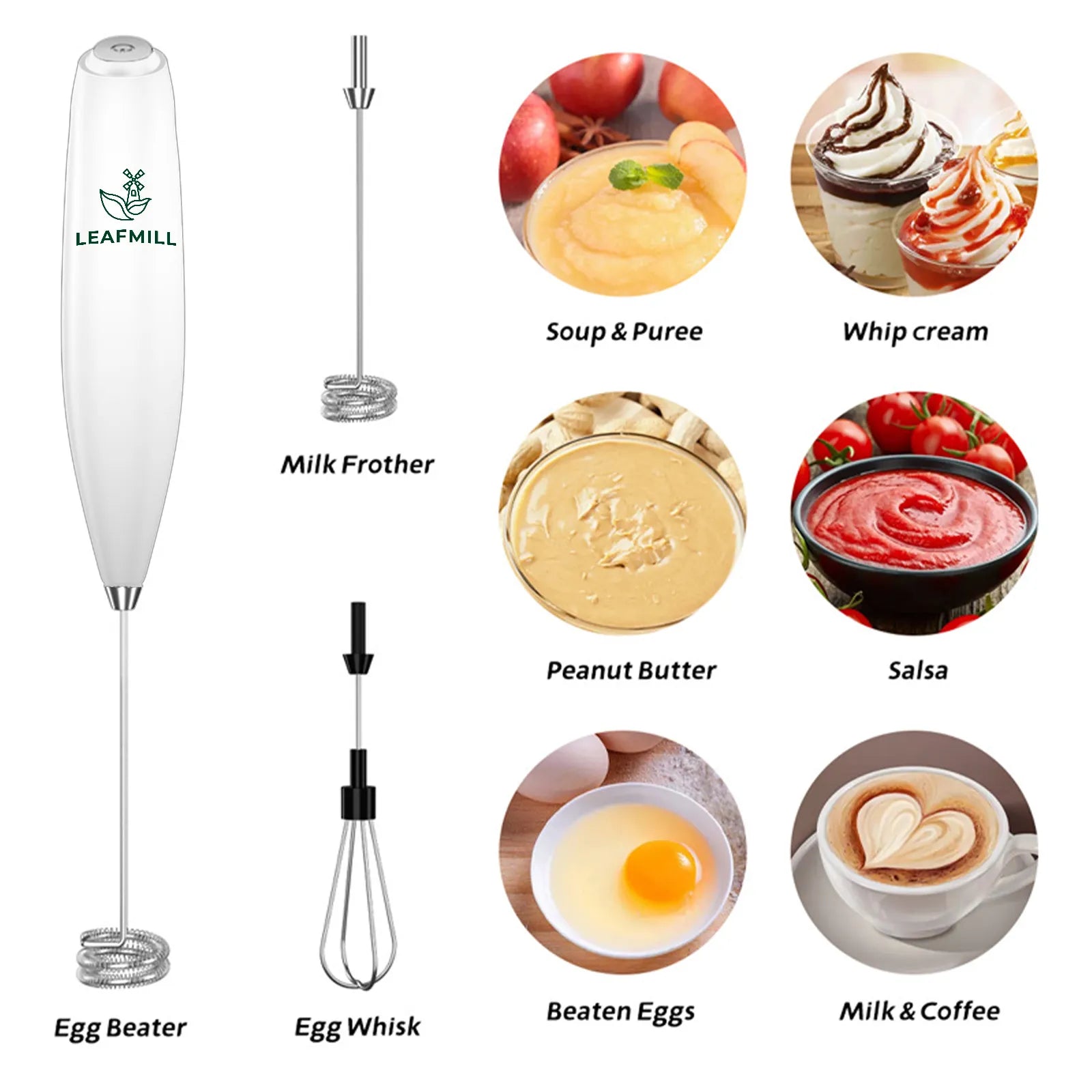 Multi-functional matcha frother by Leafmill showing attachments and usage for milk, eggs, peanut butter, soup, and coffee.