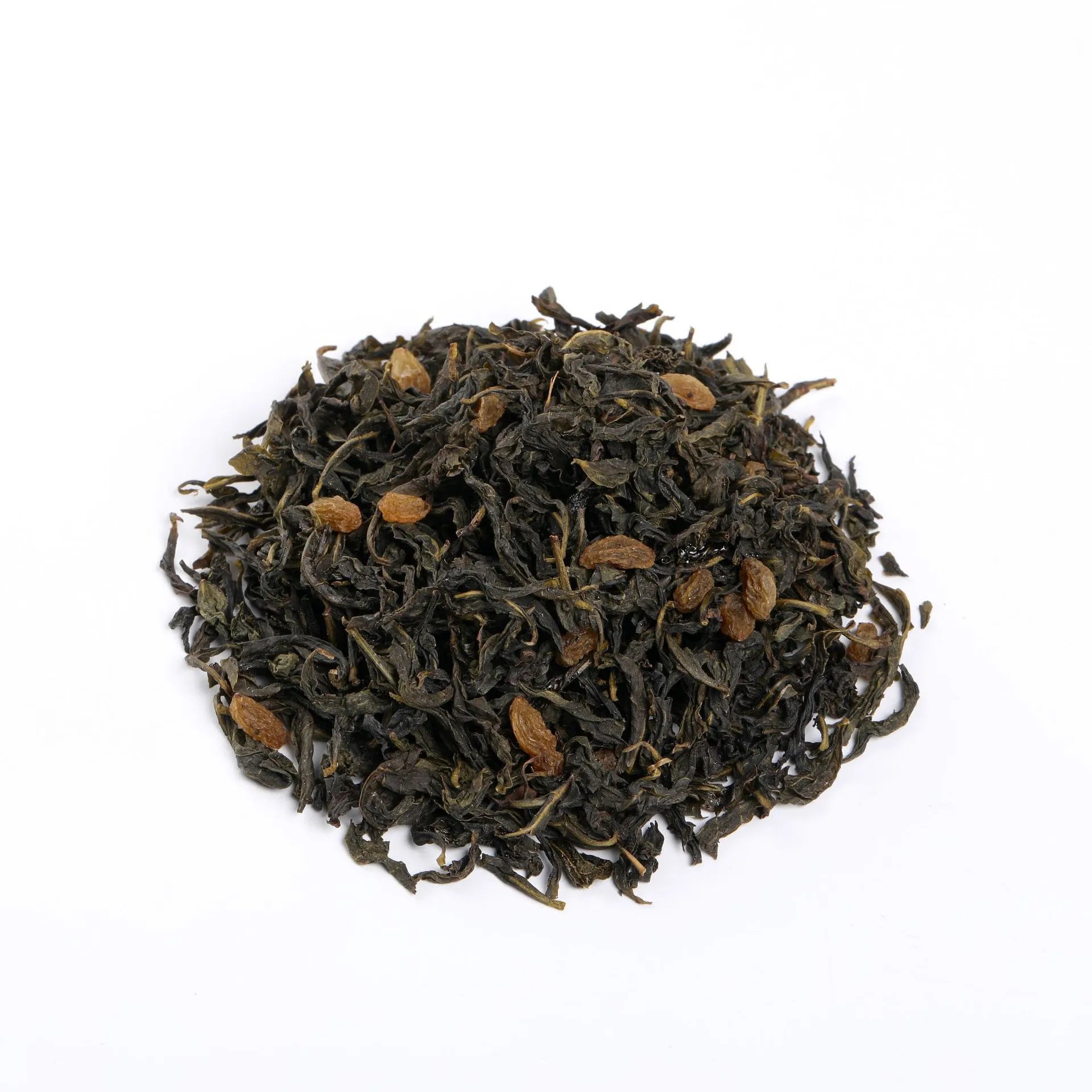 Loose grape oolong tea leaves on white background with visible raisins