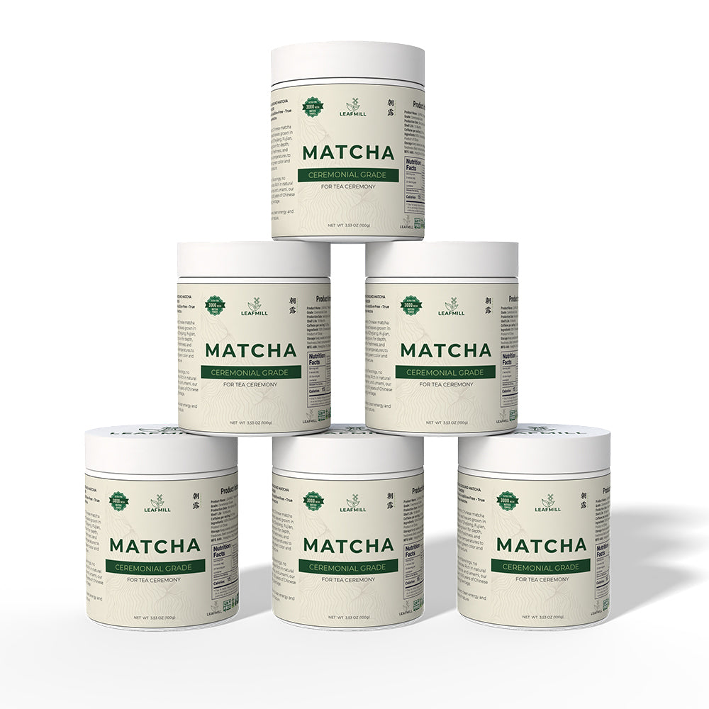 Leafmill ceremonial grade matcha powder – 100g tins stacked in pyramid display for bulk or multipack presentation