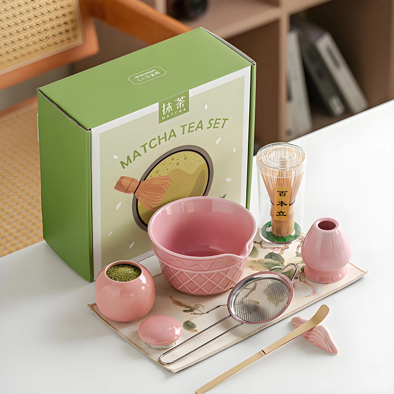 Leafmill matcha tea gift set with pink ceramic accessories and complete tools for an authentic matcha experience.
