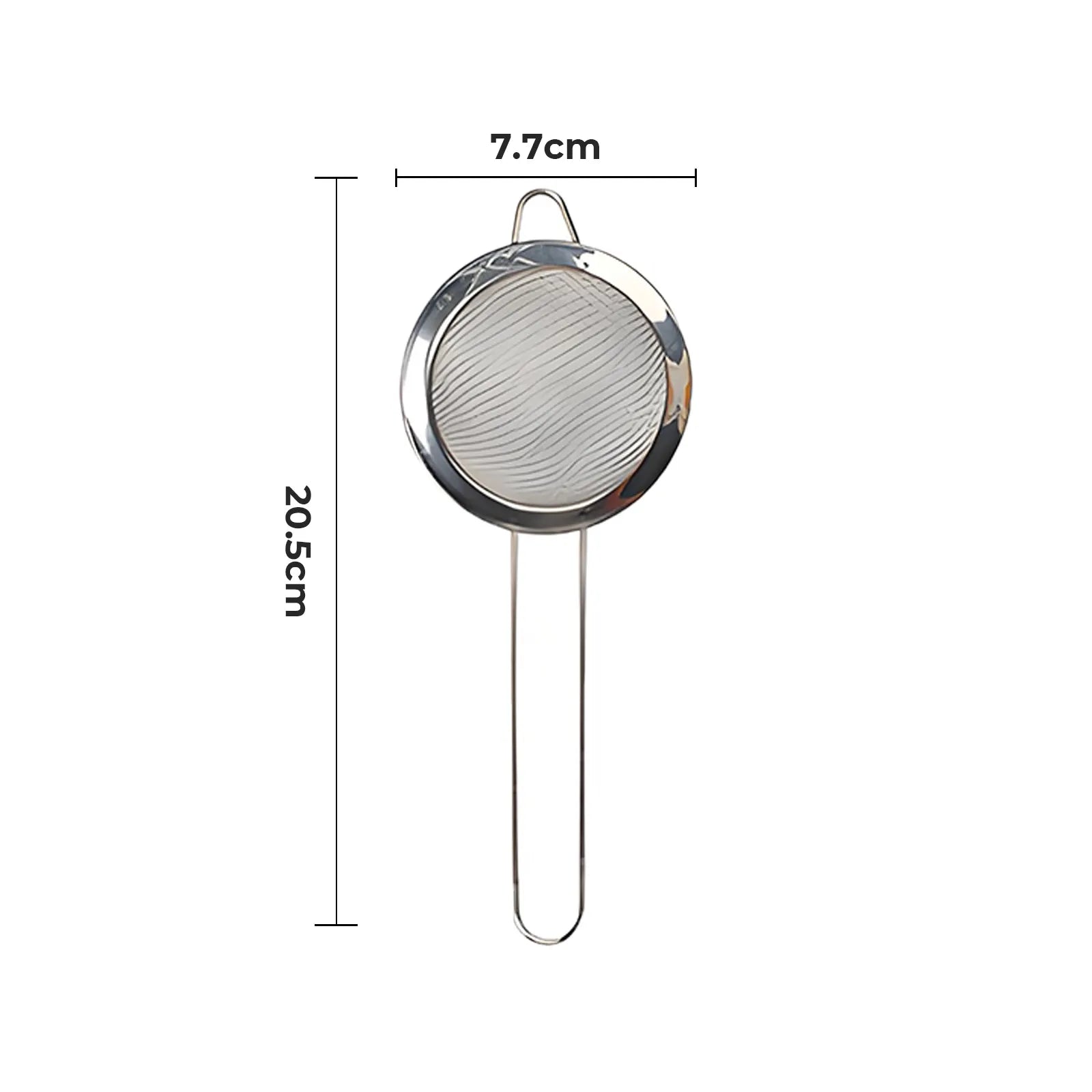 Stainless steel matcha sifter with precise dimensions – 20.5cm long and 7.7cm wide, essential for clump-free matcha preparation.