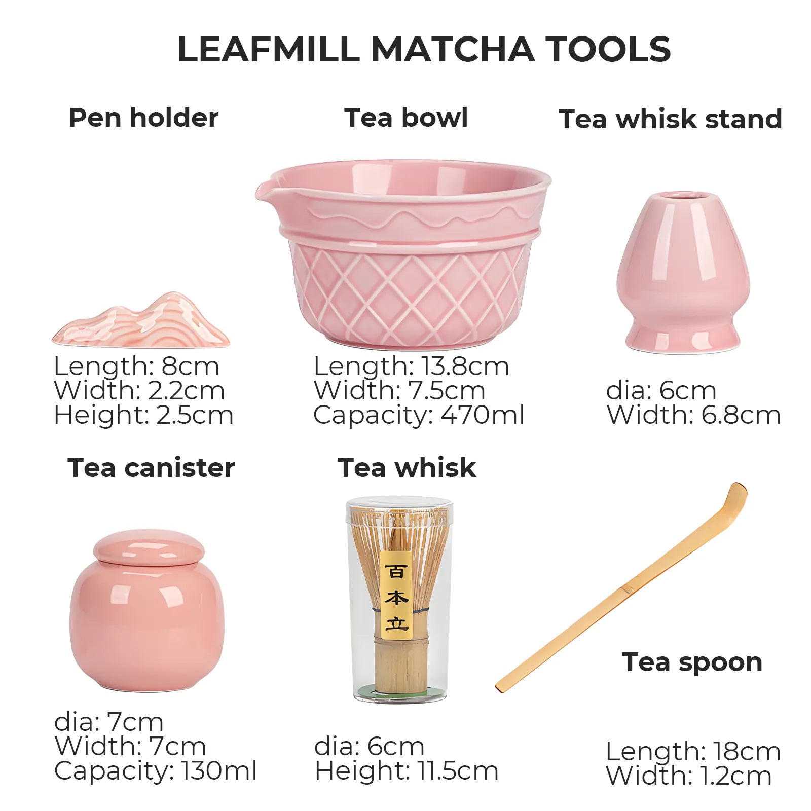 Leafmill matcha tool dimensions chart including tea bowl, whisk, stand, spoon, canister, and pen holder.