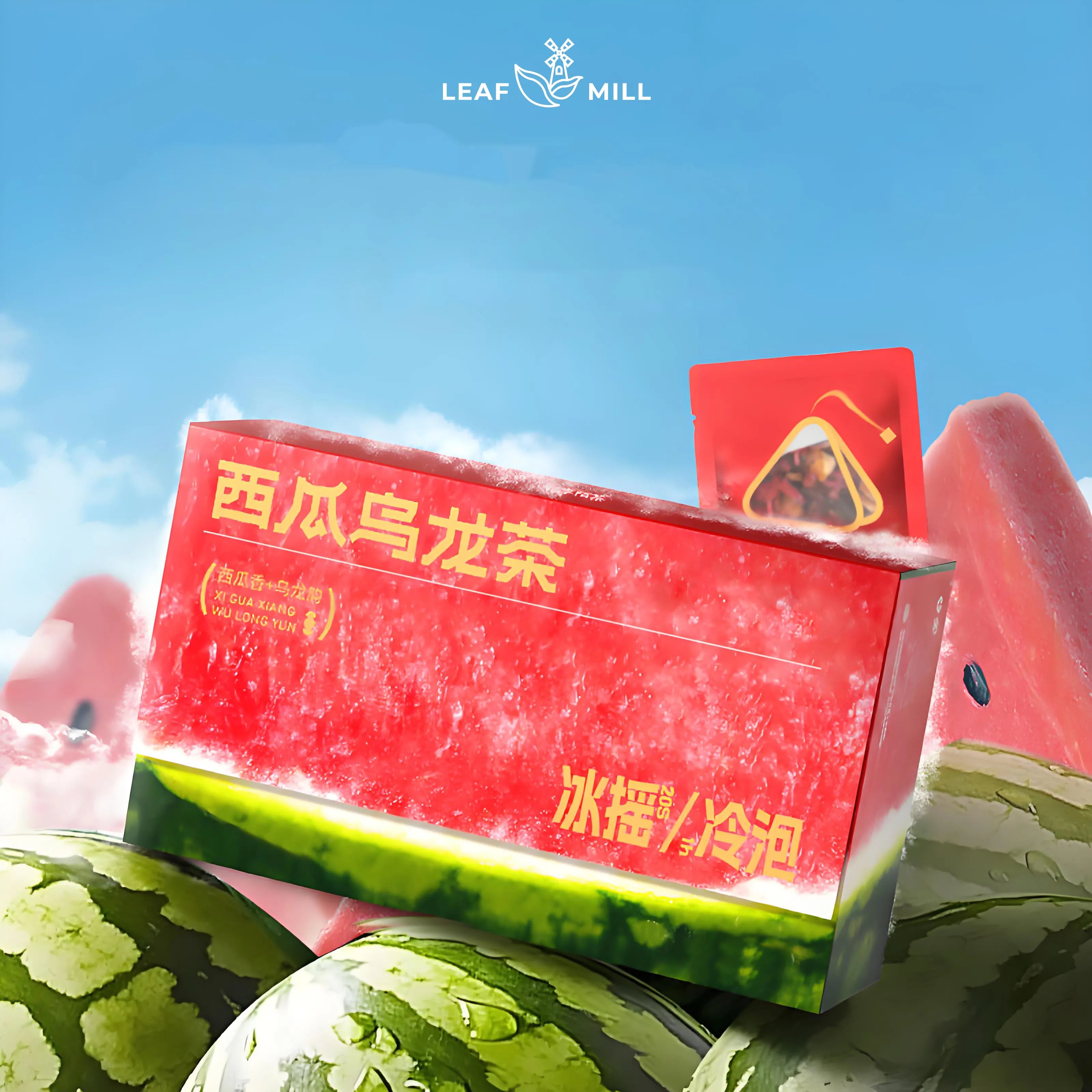 Watermelon Oolong Cold Brew Tea box surrounded by fresh watermelons, icy and refreshing, Leafmill brand.