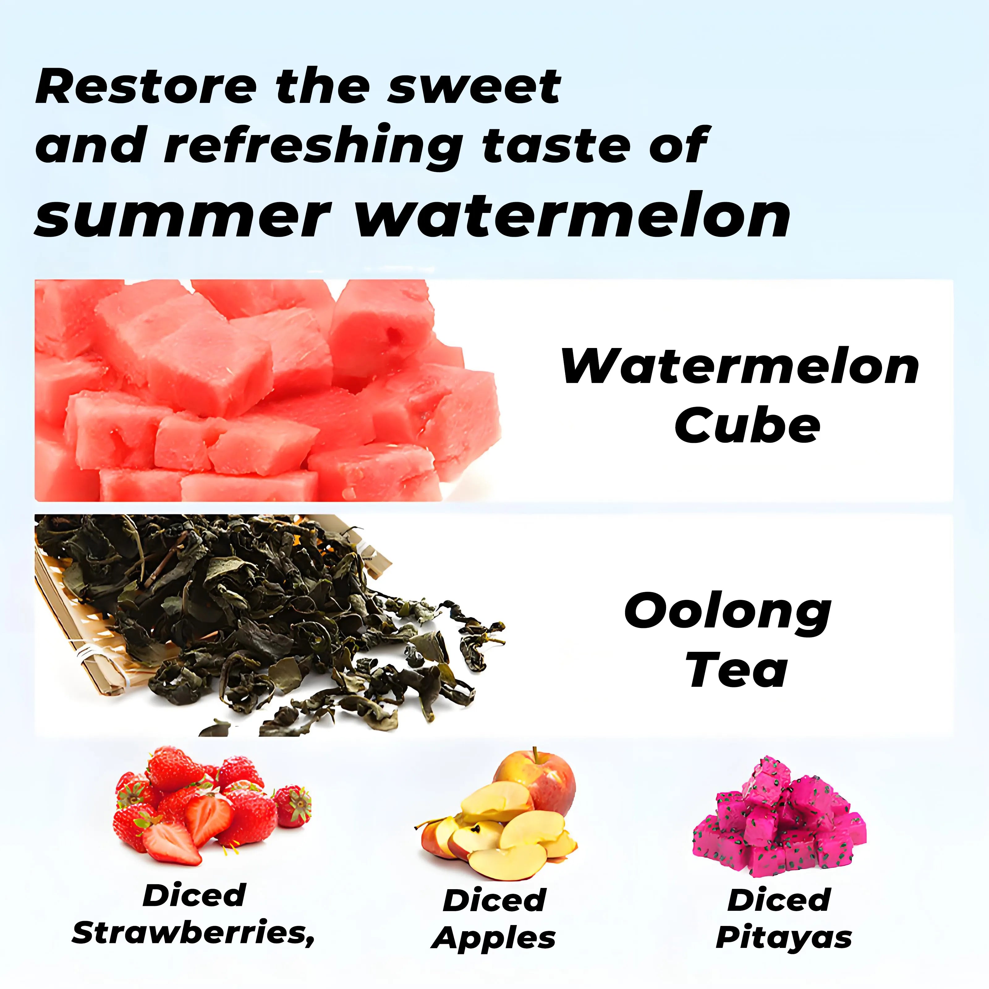Watermelon Oolong Cold Brew Tea ingredients including watermelon cubes, oolong tea leaves, diced strawberries, apples, and pitayas, with a bright summer design.