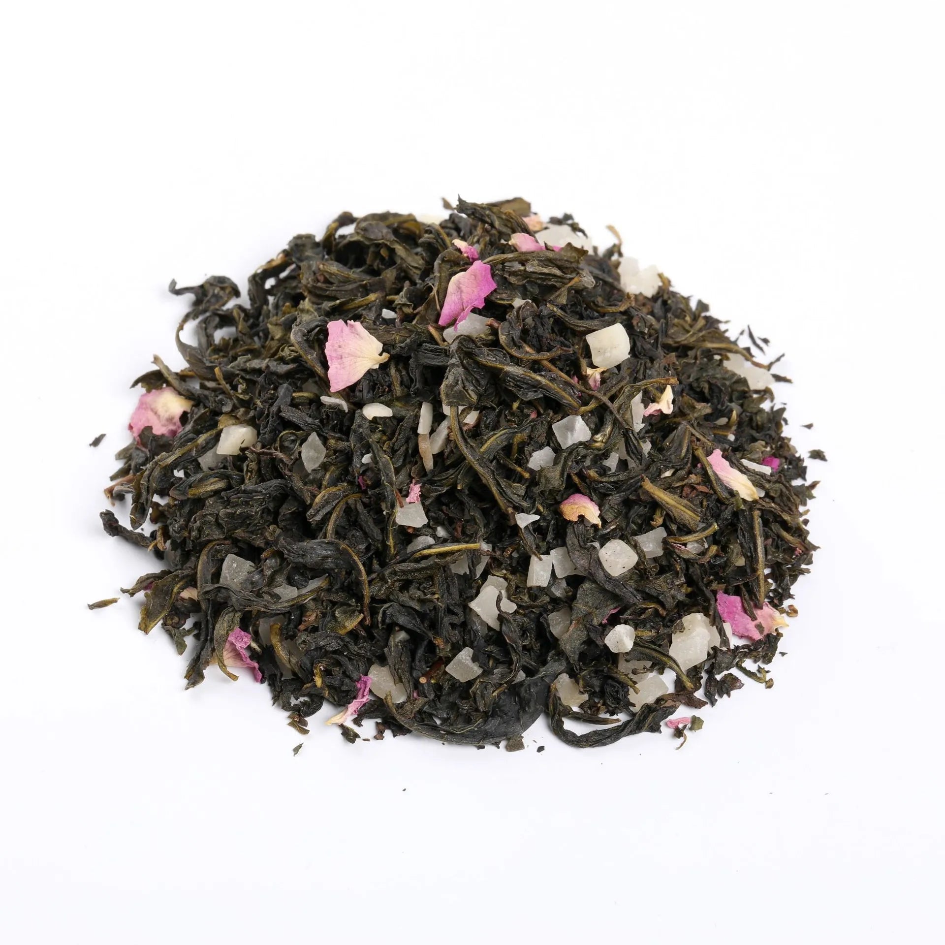 Loose leaf white peach oolong tea with rose petals and dried fruit, shown on a clean white background