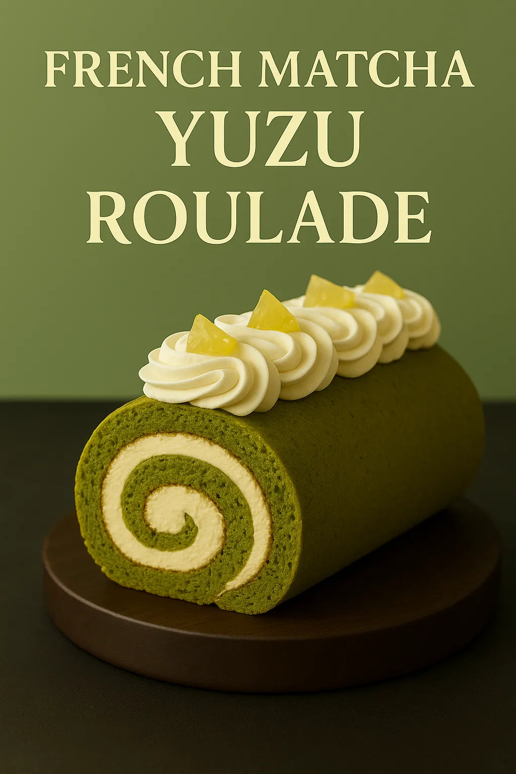 A soft, spiral-sliced French Matcha Yuzu Cream Roll rests on a ceramic plate, showcasing green matcha sponge and creamy yuzu filling with a light, natural setting.