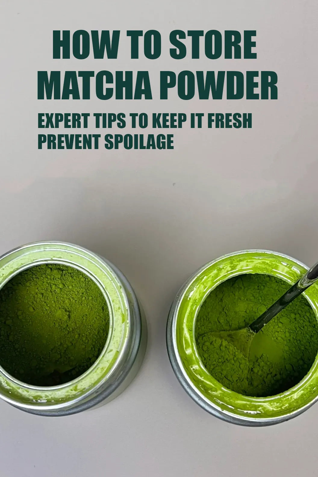 Vibrant green matcha powder in jars, illustrating expert tips on how to store matcha powder to keep it fresh and prevent spoilage