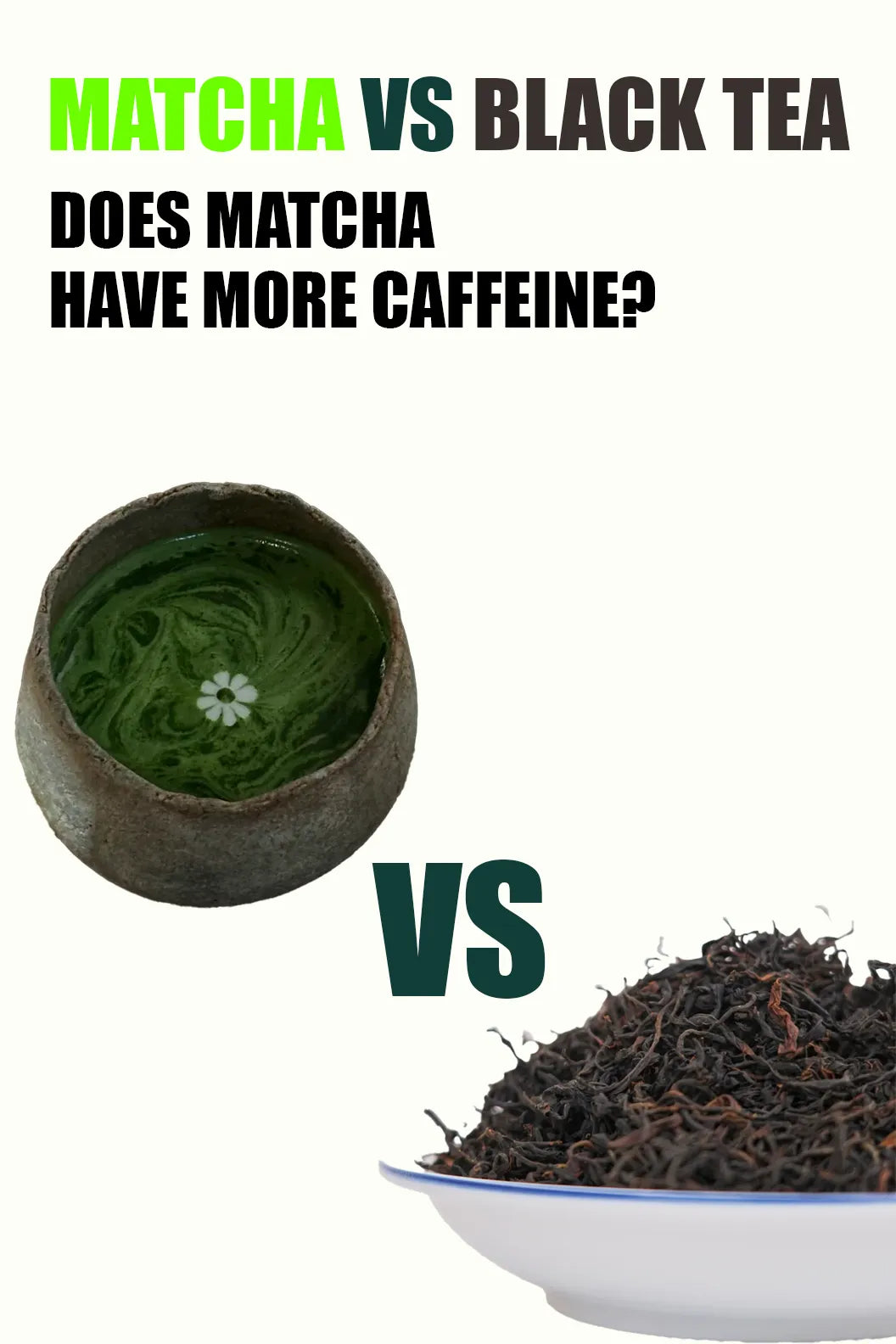 Visual comparison of matcha vs black tea: Green matcha tea in a traditional bowl (left) vs dried black tea leaves (right), focusing on the question 'Does matcha have more caffeine?' for SEO optimization.