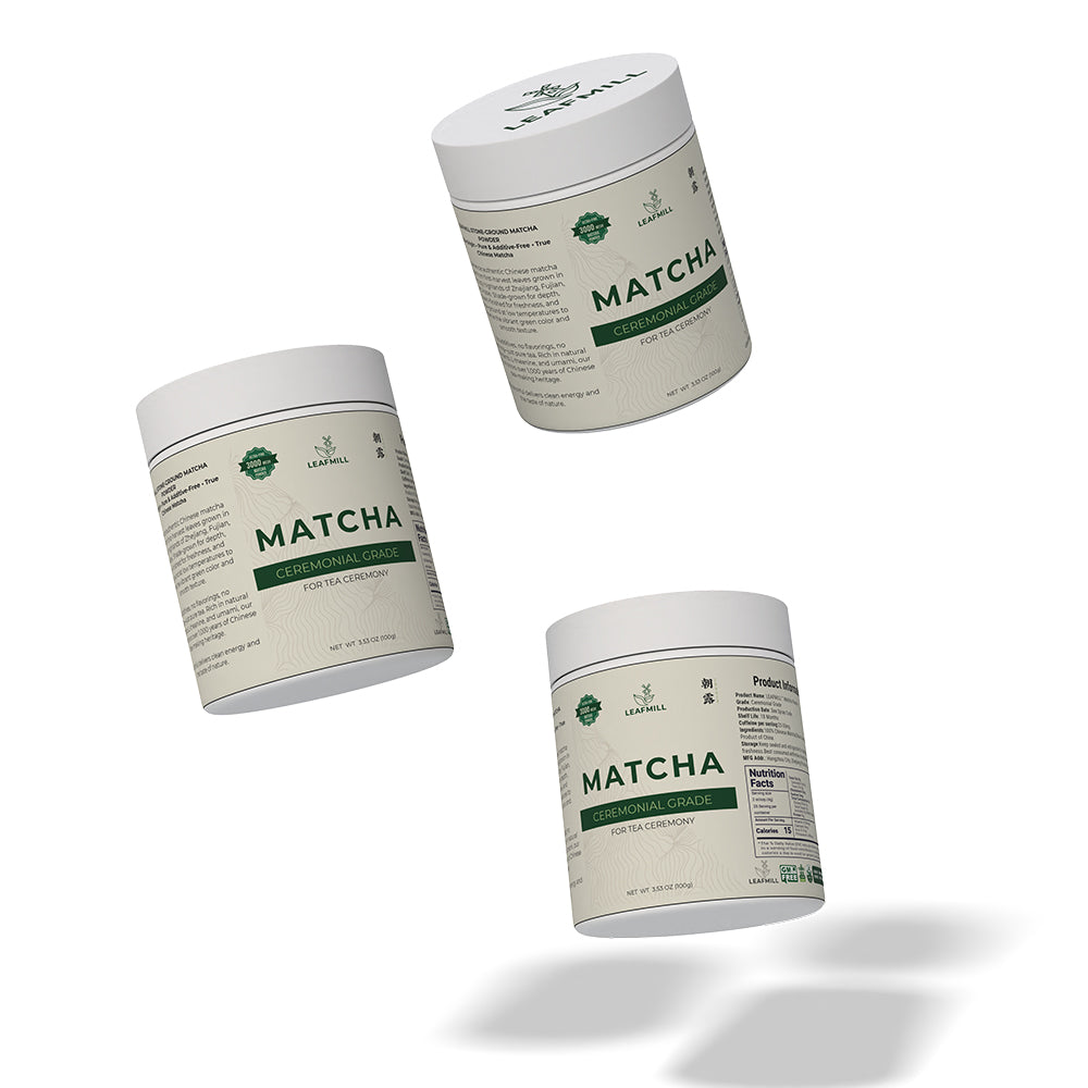 Leafmill ceremonial grade matcha 100g – floating triple view showing front, side, and back labels of product packaging