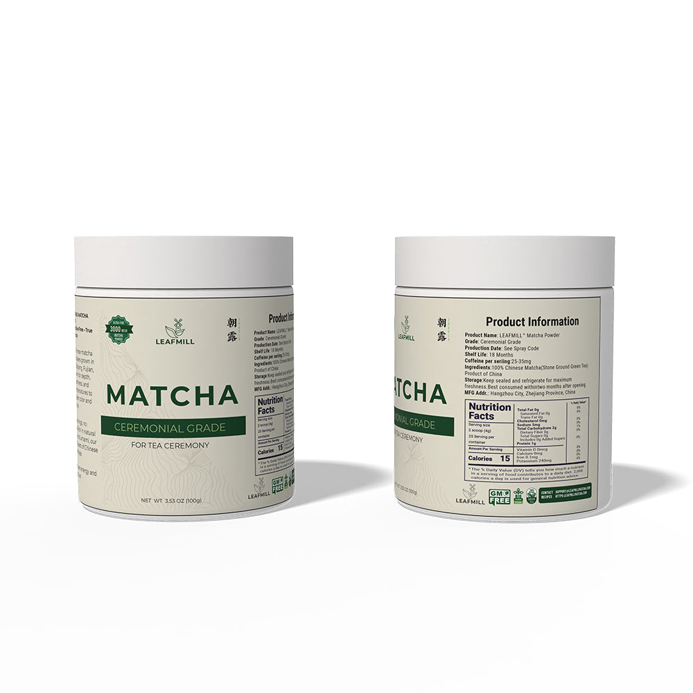 Leafmill ceremonial grade matcha powder – 100g tin with front and back label showing product details and nutrition facts