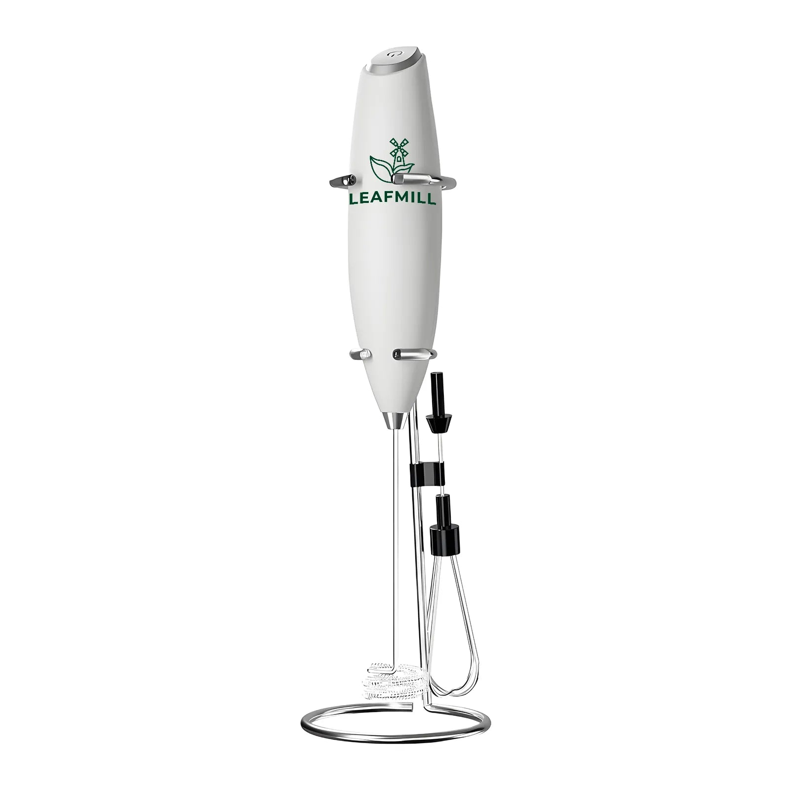 Leafmill electric matcha frother with stand and dual attachments – ideal for making matcha tea, coffee, and lattes.