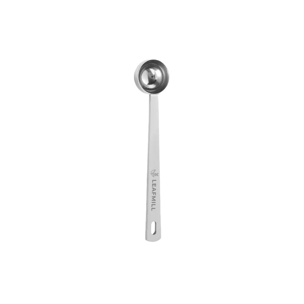 Single 5ml Leafmill stainless steel matcha scoop with engraved logo and minimalist design
