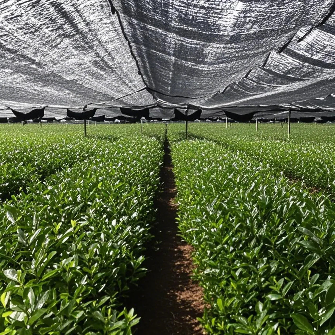 Rows of tea plants growing under black shade nets at Leafmill’s matcha farm, a traditional cultivation method to enhance flavor and amino acids.
